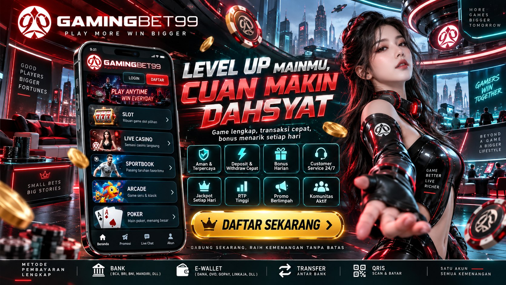 Banner GAMINGBET99 — materi layanan dan kategori permainan